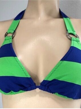 Point conception Striped Green and Blue Halter Bikini Top with Metal Ring Detail